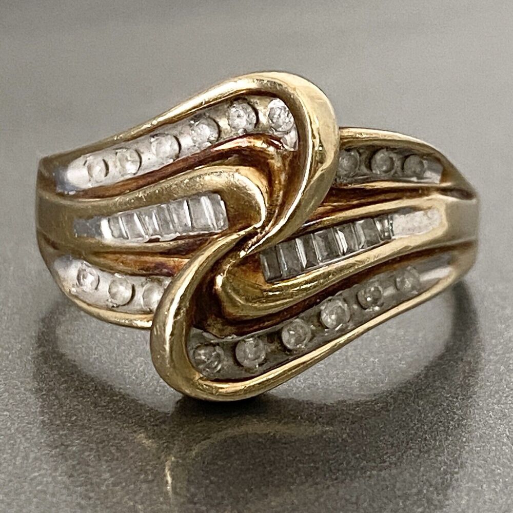 Solid 10k Yellow Gold Round & Baguette Genuine Diamond Anniversary Ring Sz 10
